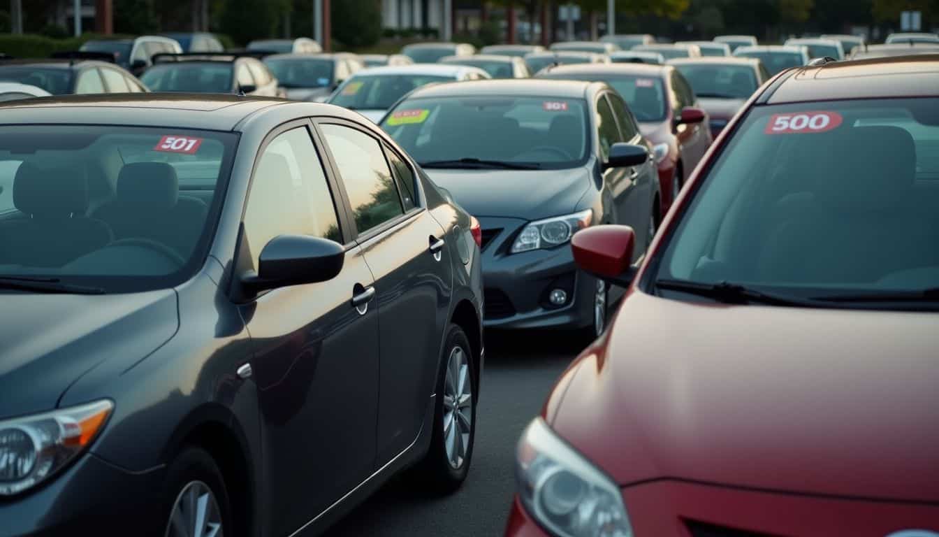 A dimly lit parking lot with rows of used cars for sale.