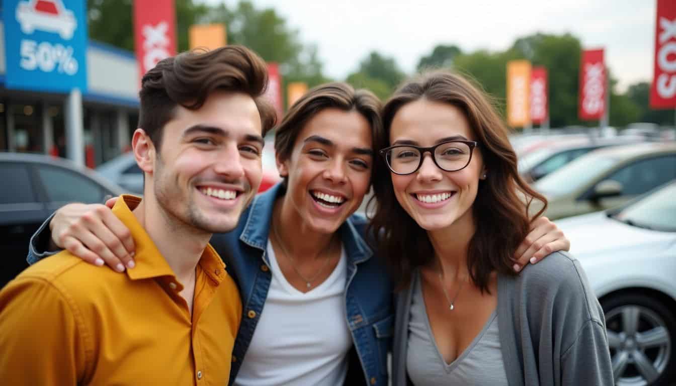 A diverse group of young adults celebrates at a car dealership event.