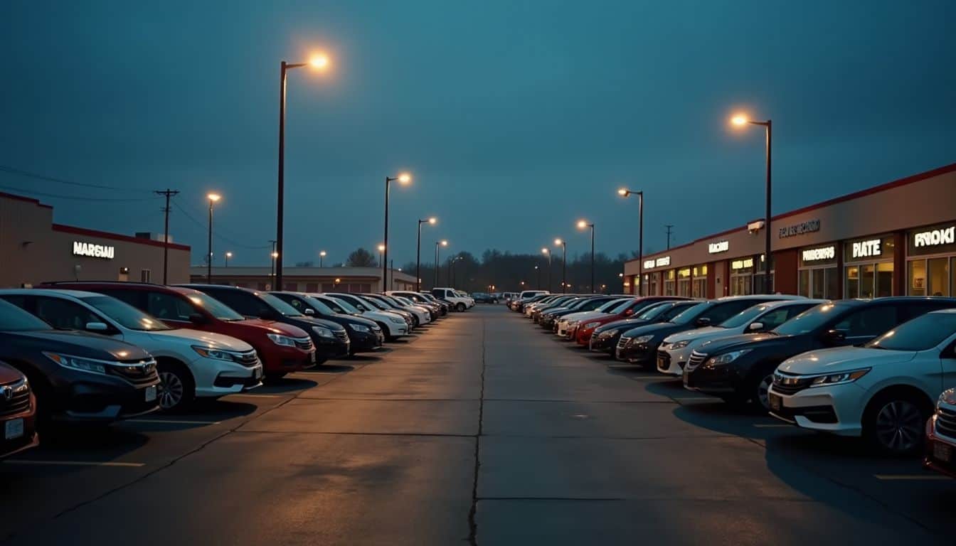 A deserted car dealership lot with rows of cars at dusk.