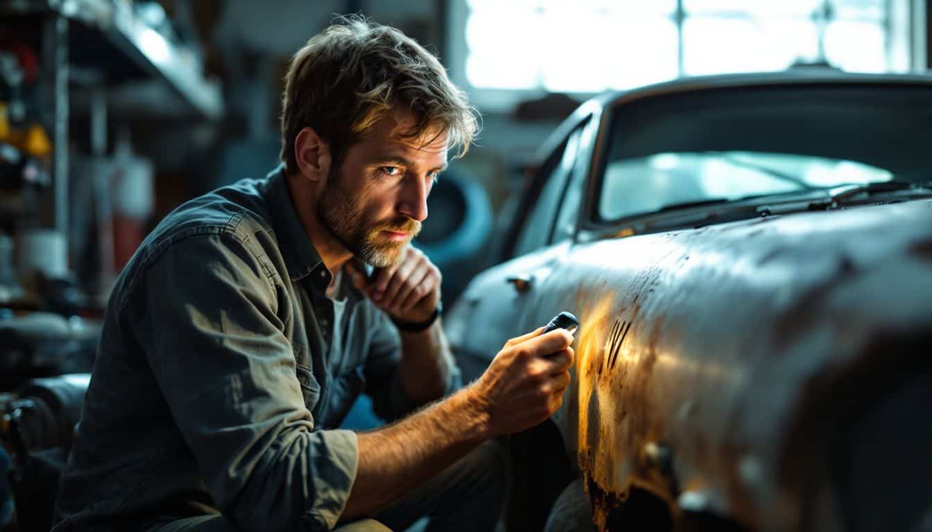 A man in his 40s is examining a faded VIN number on a rusty old car in a garage.