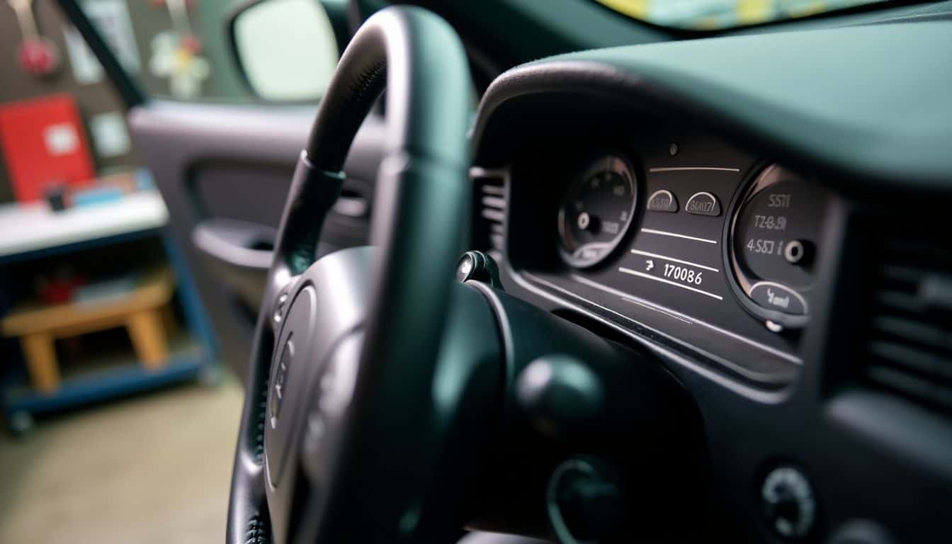 Close-up of a car's VIN plate in an automotive workshop.