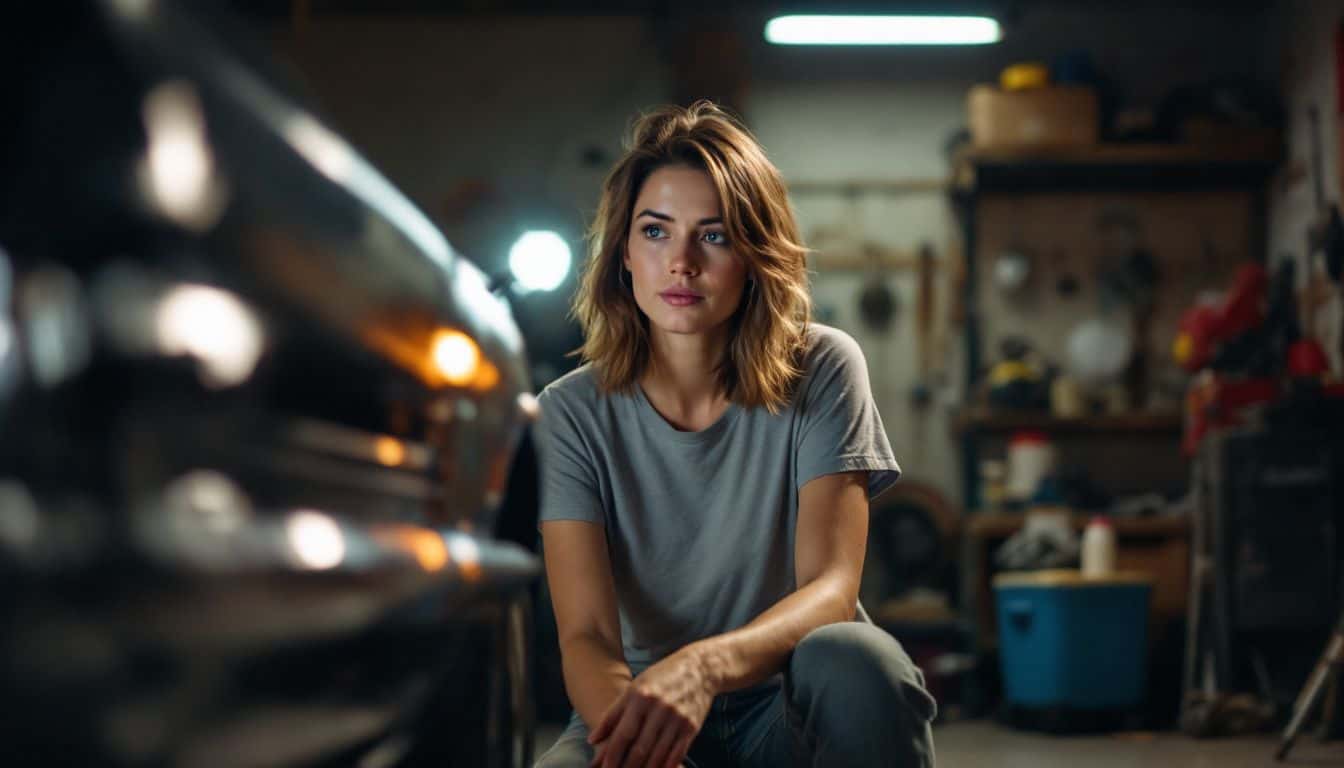 A woman in her 30s is examining the VIN plate of a classic car in a garage.