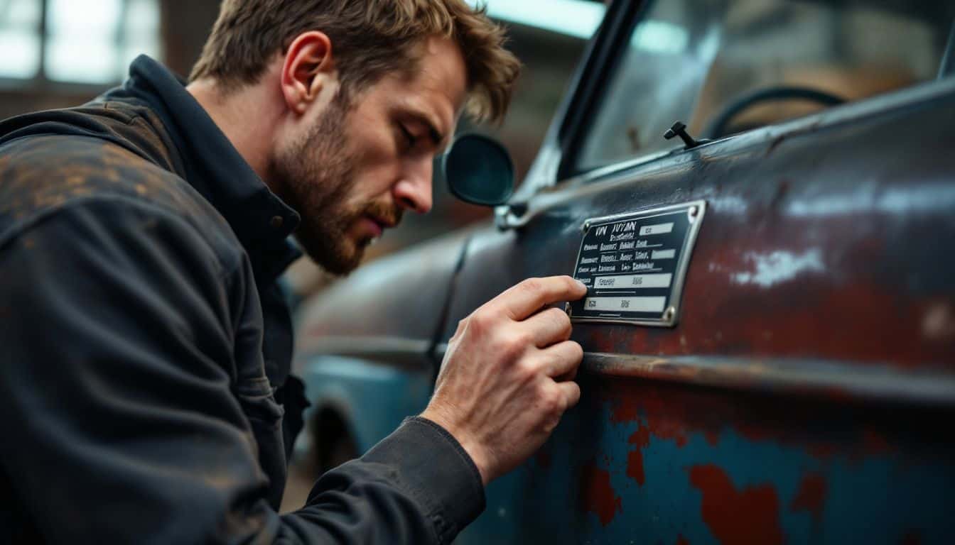 A mechanic inspects a VIN plate on an old car in a garage.