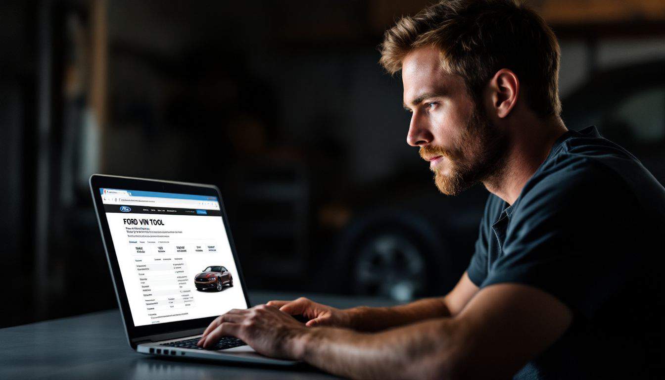 A man is sitting in a garage, using a Ford VIN tool.