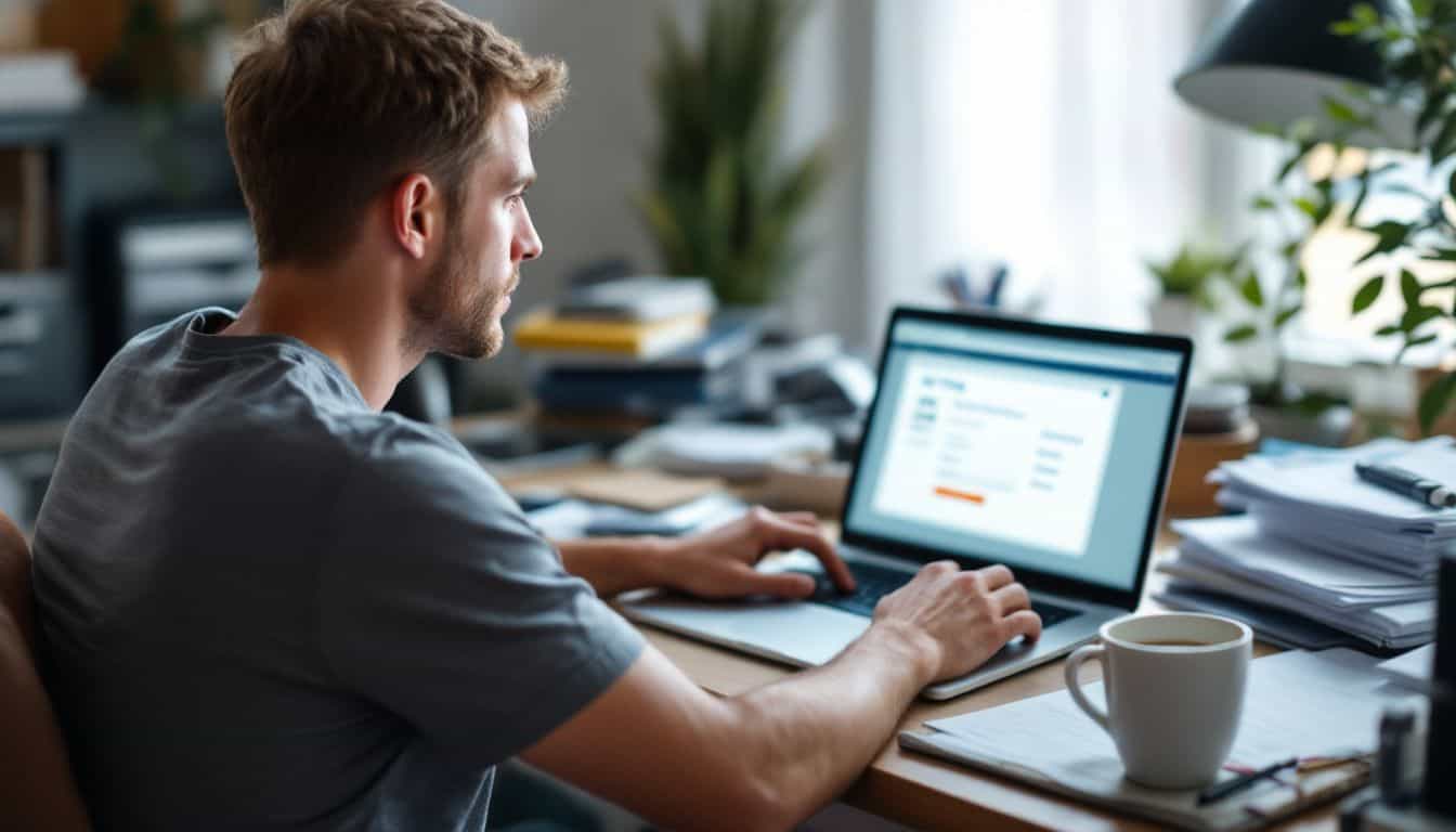 A man sits at a cluttered desk, using a VIN decoder tool.