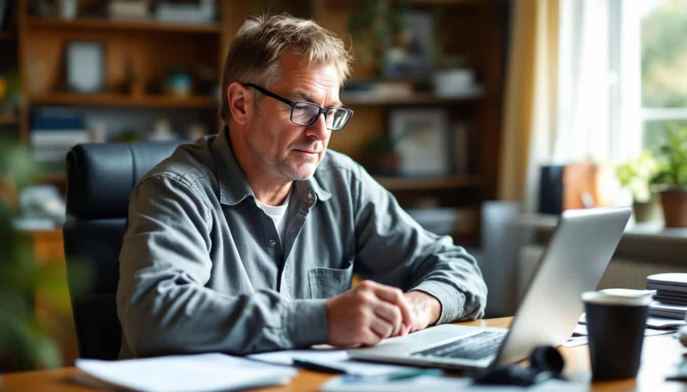 A middle-aged man is using a VIN decoding tool at his home office desk.