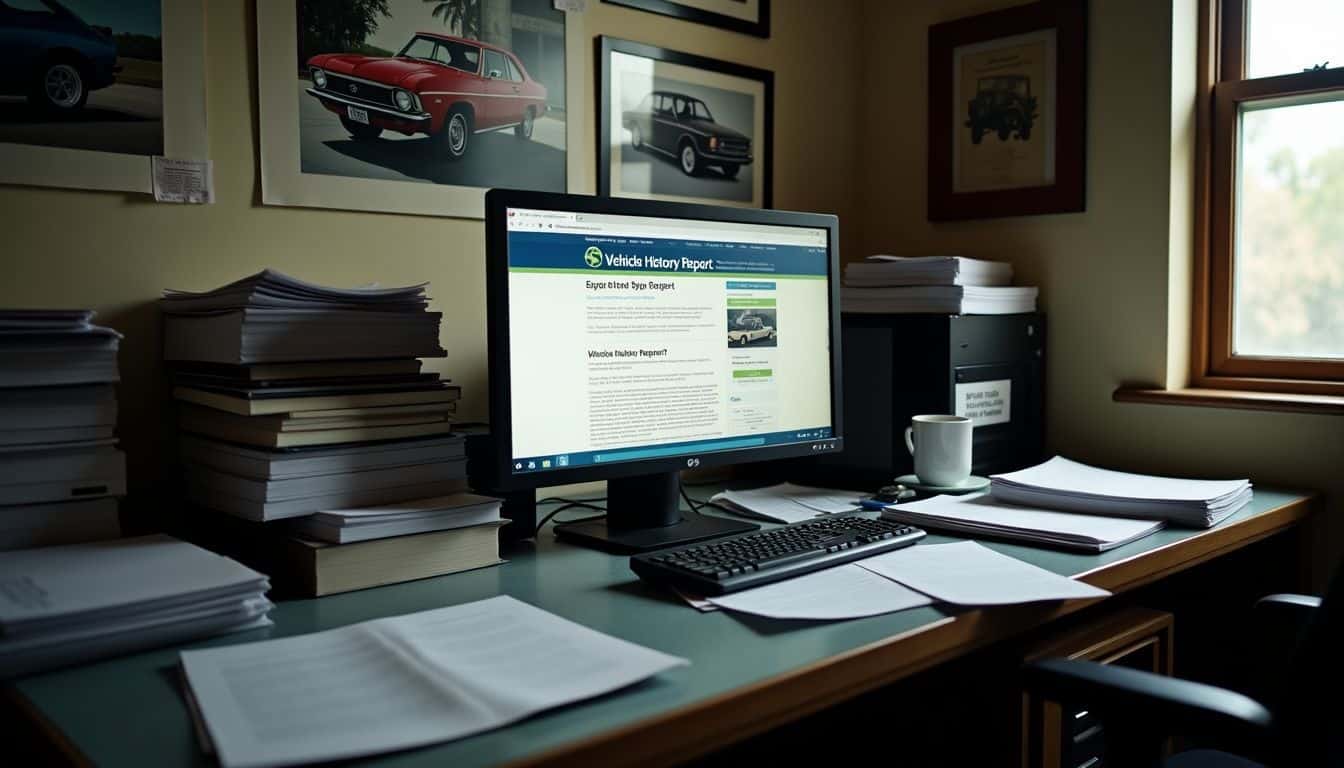 A cluttered desk in an automotive-themed workspace with piles of papers.