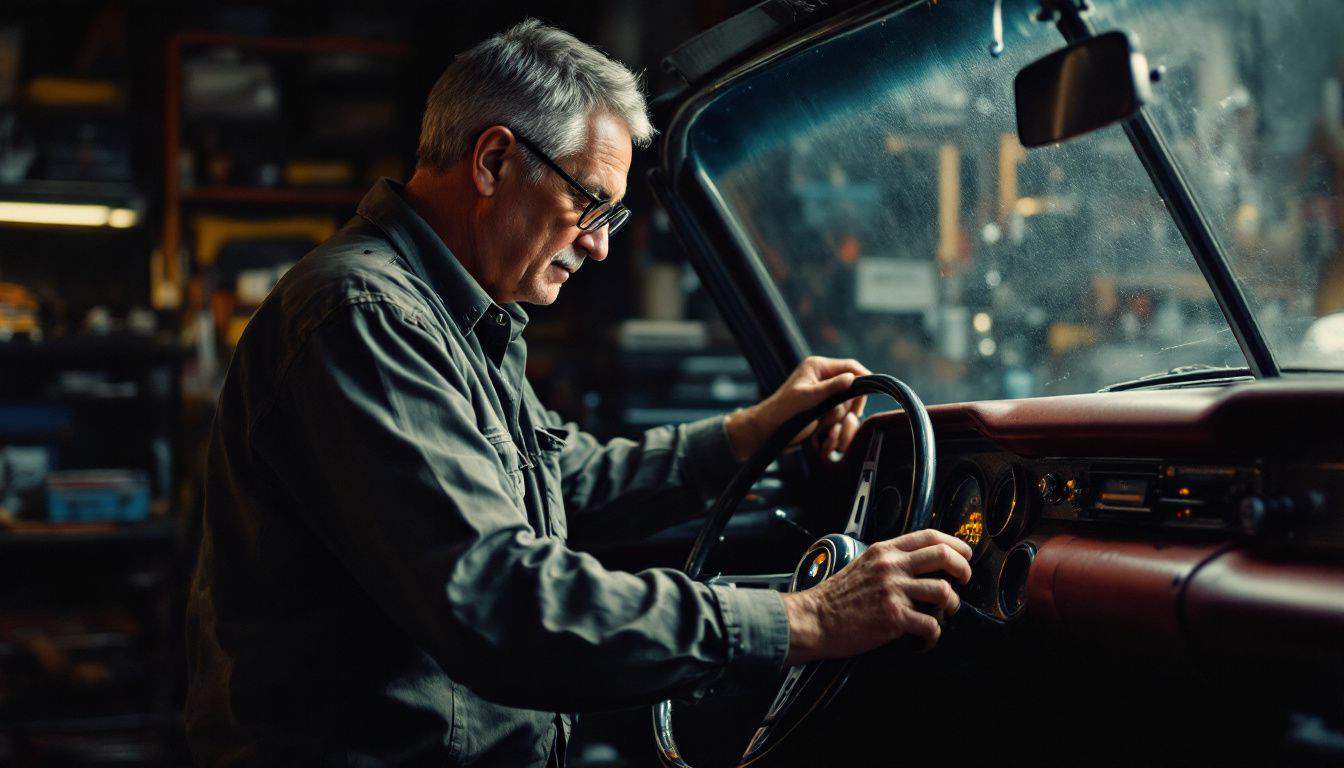 An older man examining vintage car in cluttered garage.