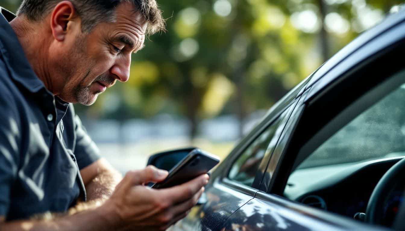 A man checking the VIN number on his car's dashboard.