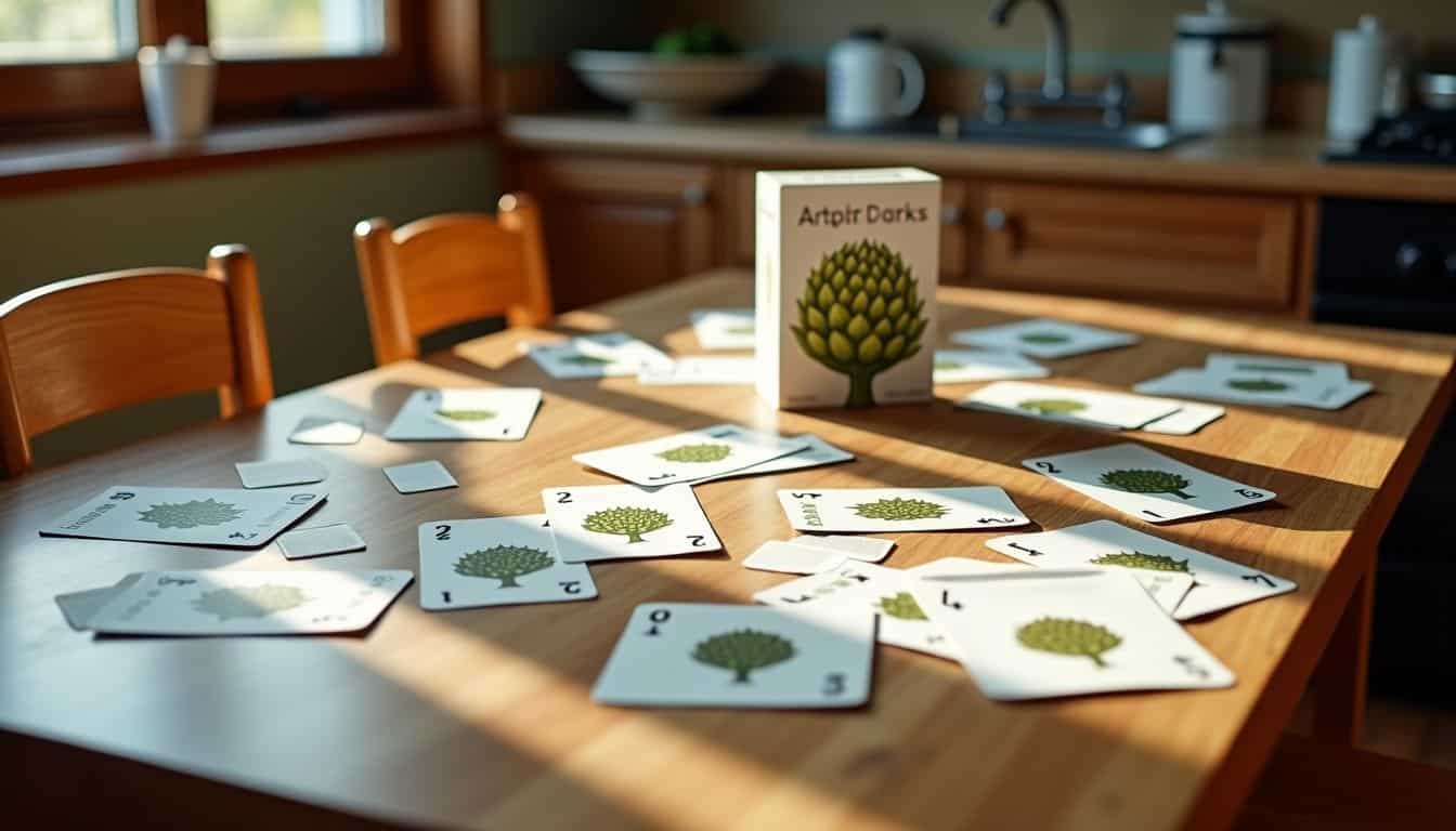 A messy dining table with scattered playing cards and game boxes.