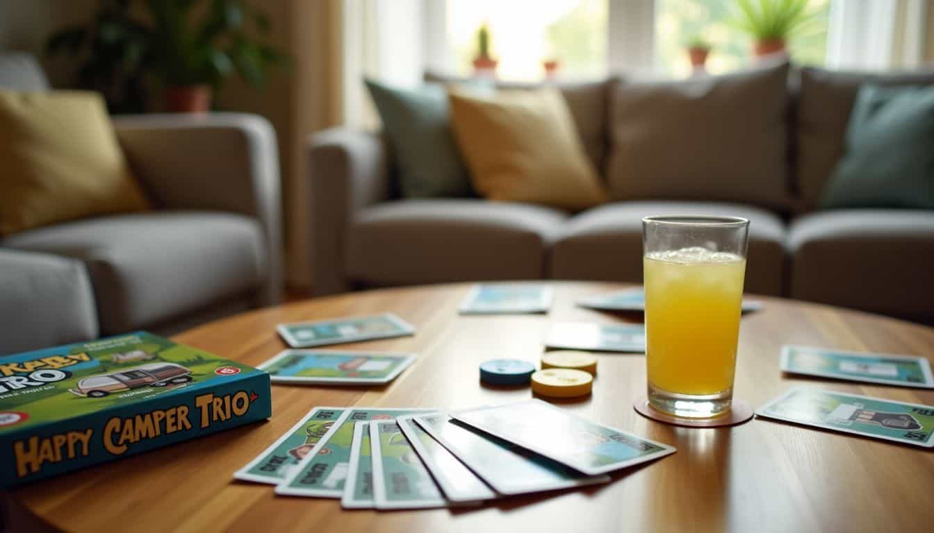 A well-used deck of cards, game box, lemonade, and game pieces on a coffee table in a cozy living room.