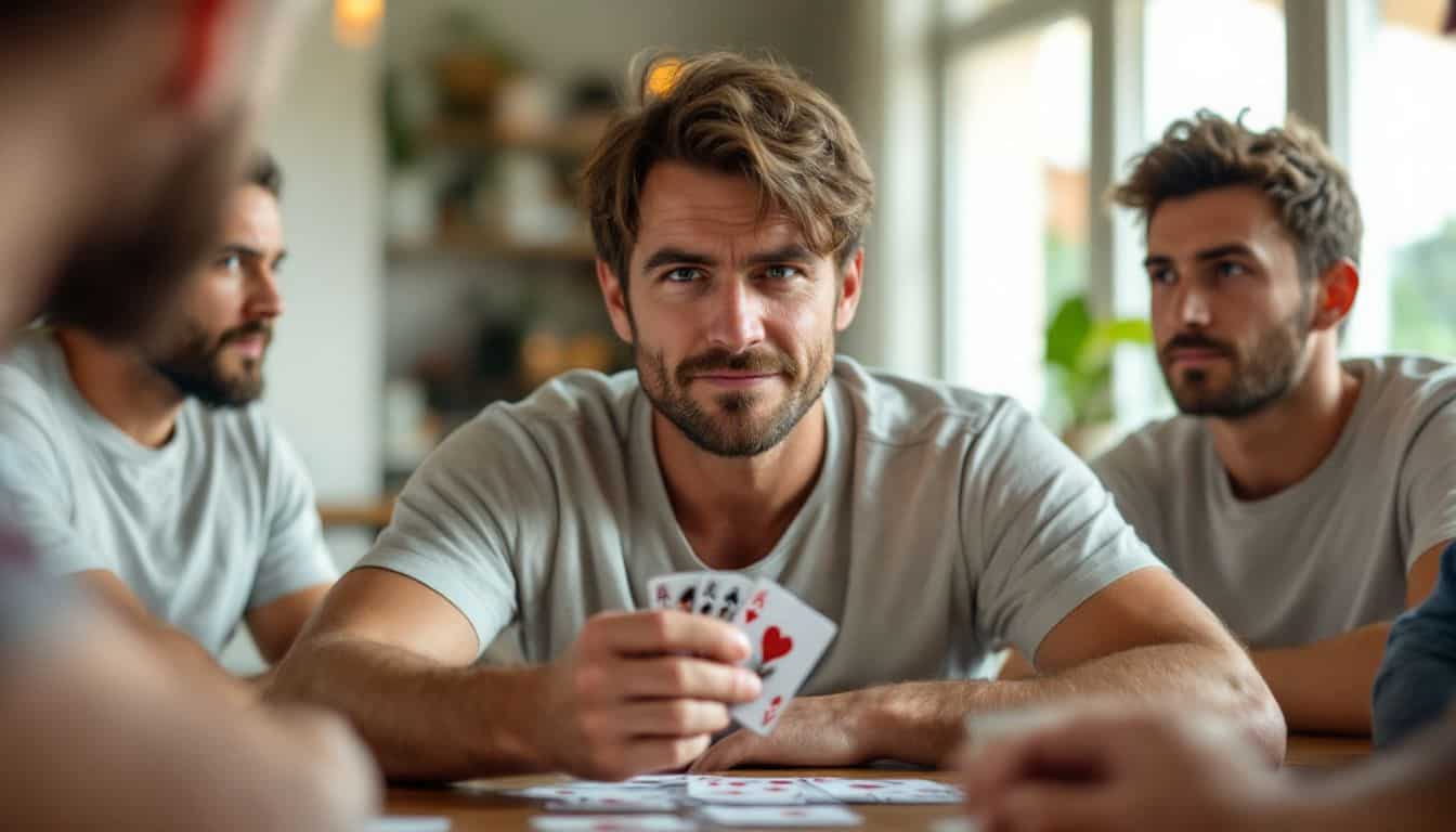 A man plays Cockroach Poker with friends, trying to outsmart them.