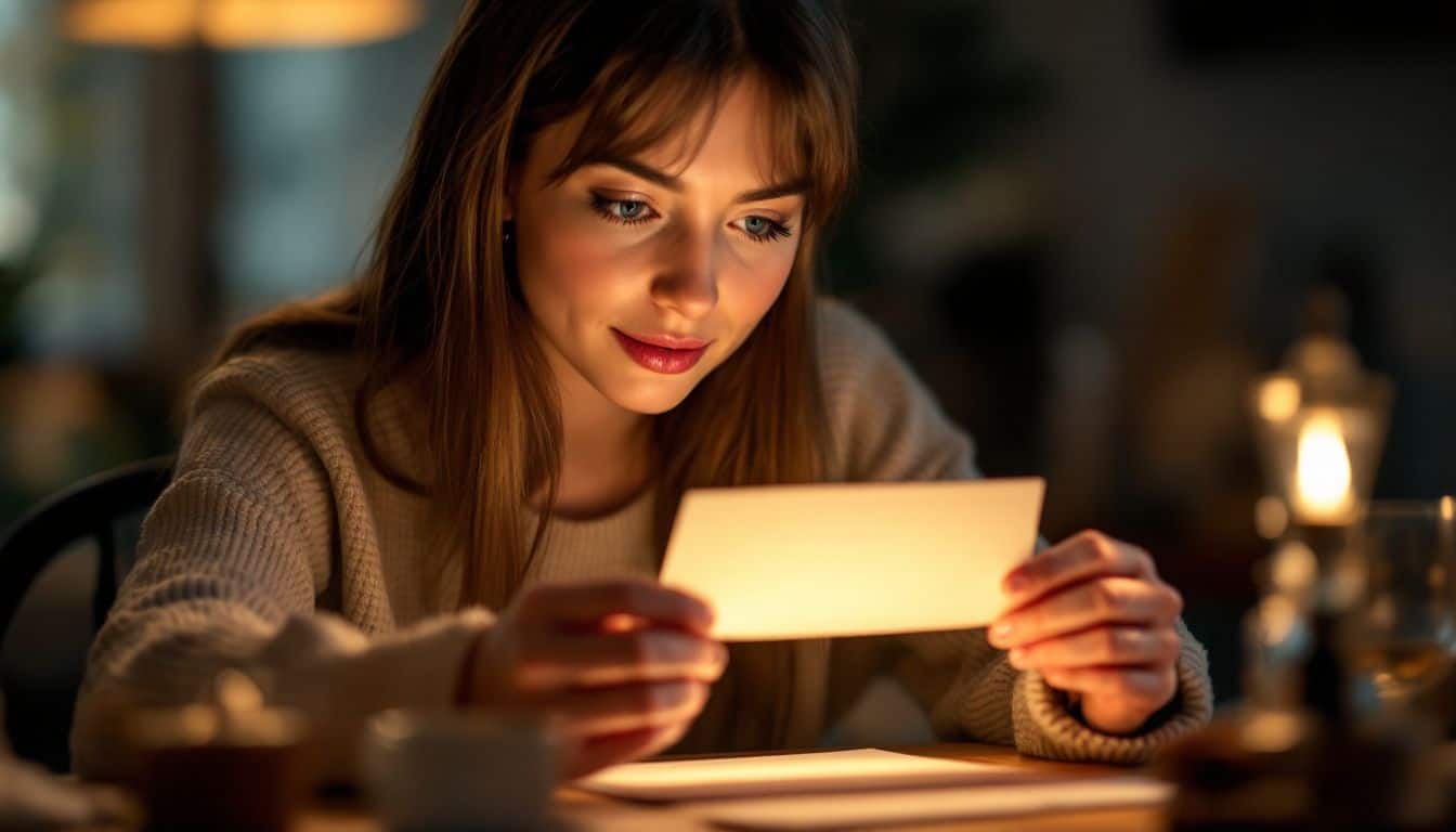 A young woman eagerly opens a love letter at a dimly lit table.