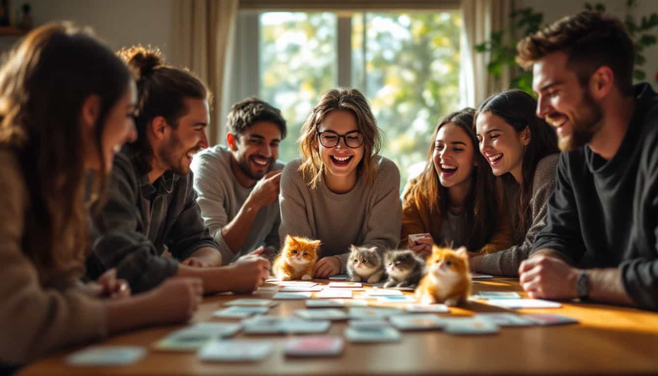 A group of young adults playing Exploding Kittens in a cozy living room.