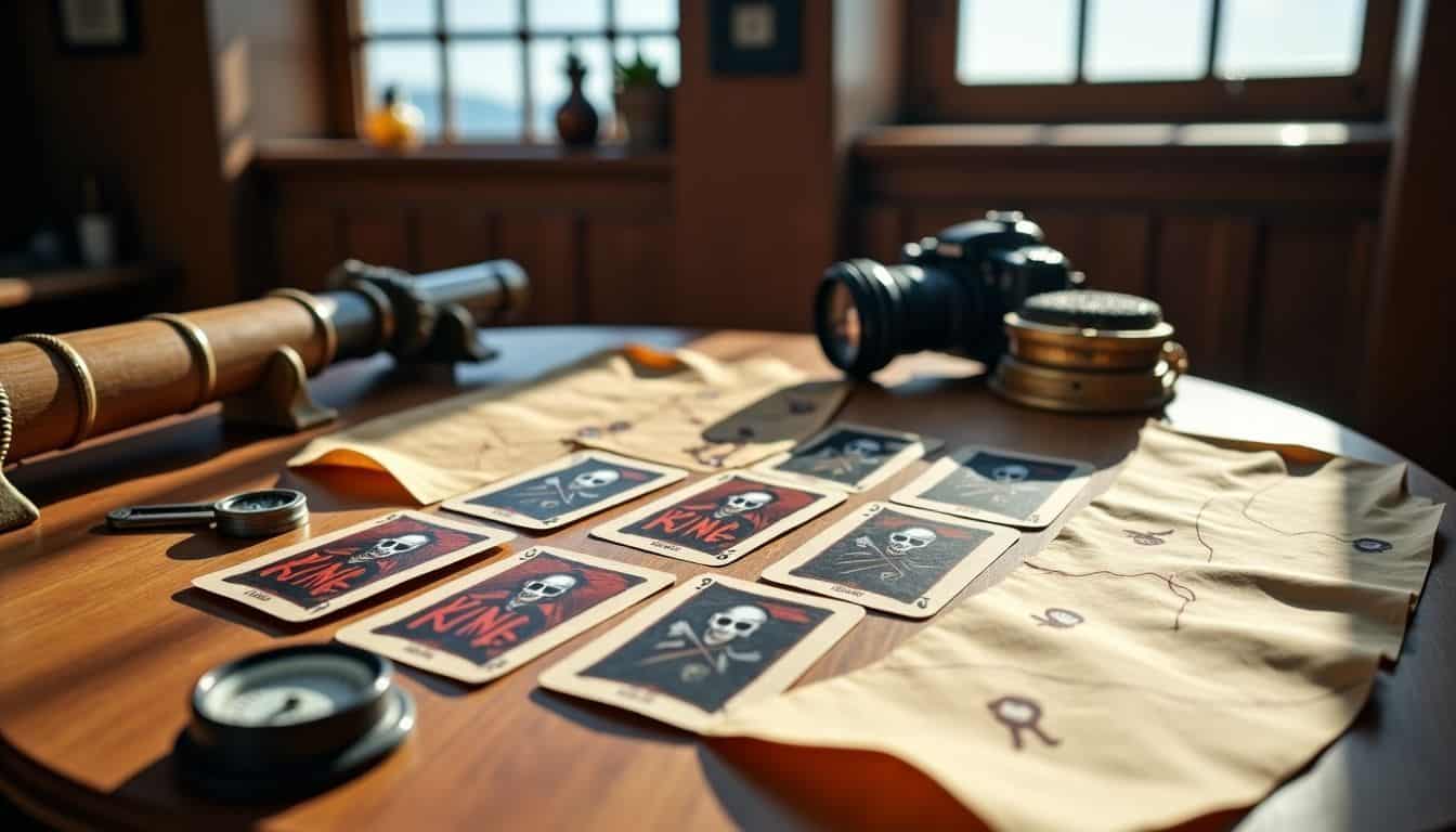 A pirate-themed card game setup on a wooden table.