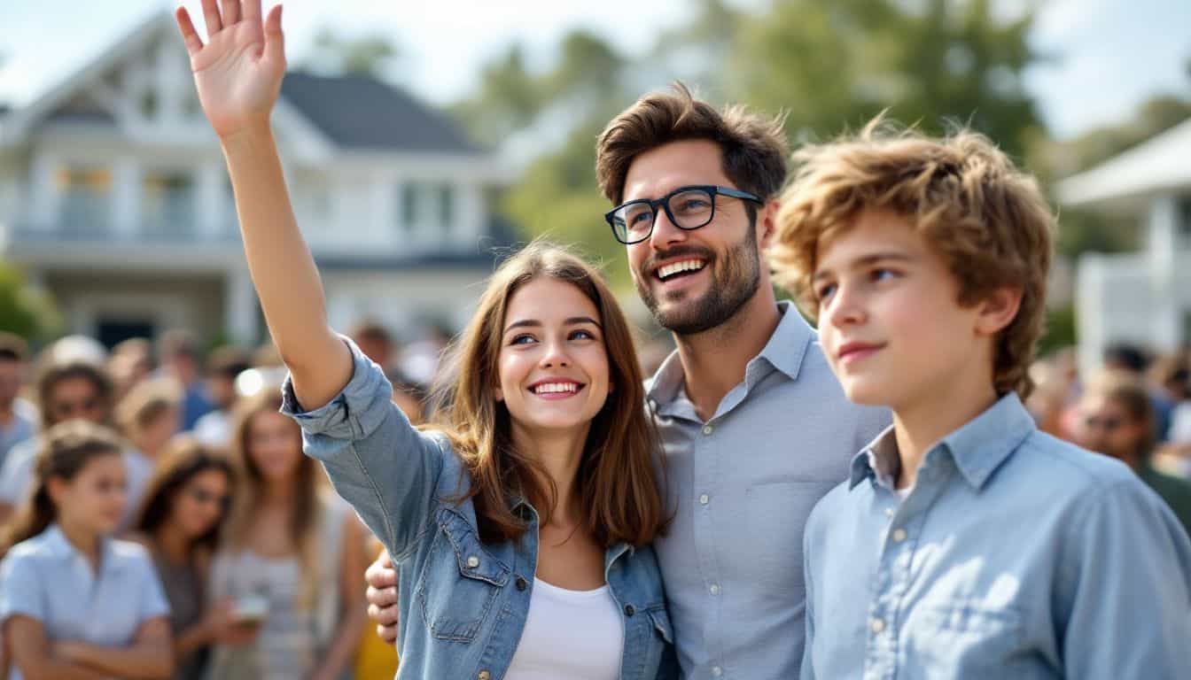 A family of four participating in a suburban home auction.