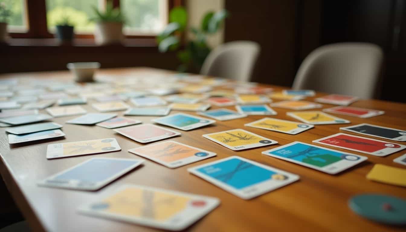 A well-used game table with scattered sea salt and paper themed card decks.