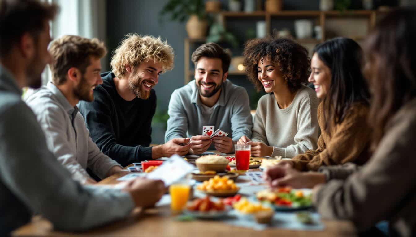 A group of friends gathered around a table choosing card games.