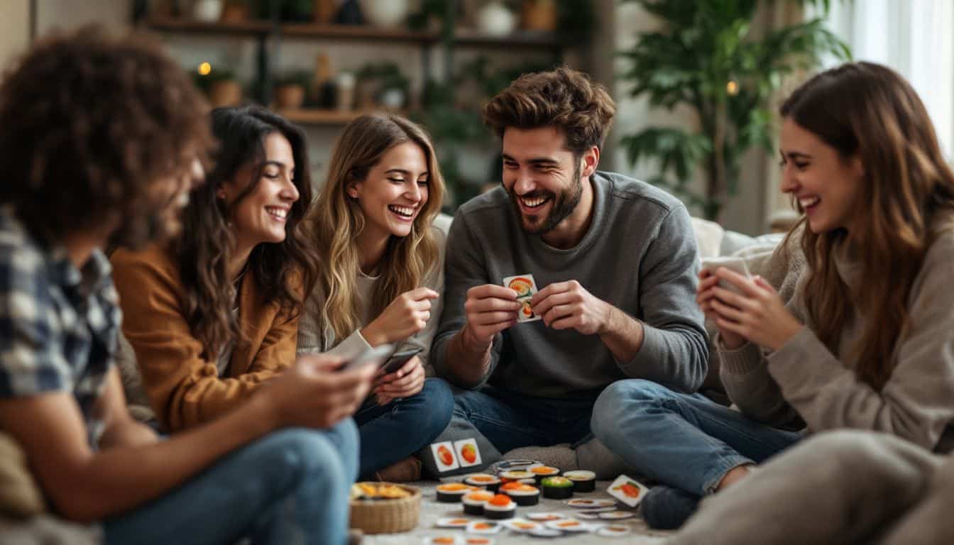 A group of young adults enjoying a game night in a cozy living room.