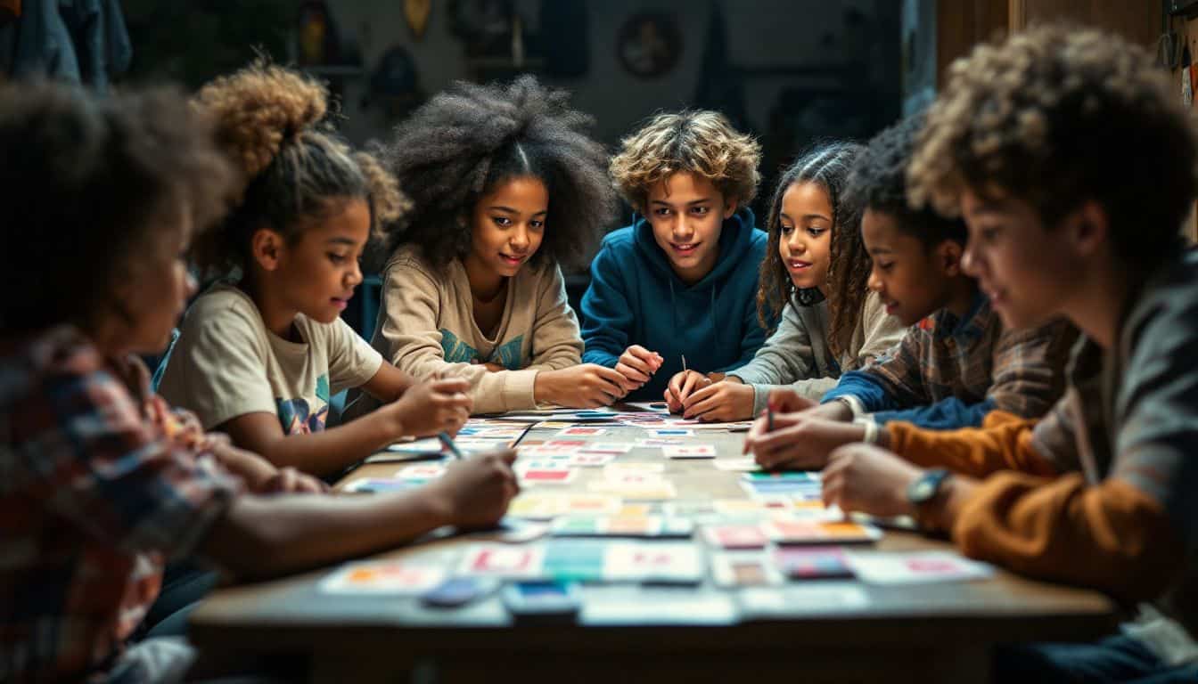 A diverse group of children aged 10-15 playing a colorful card game.