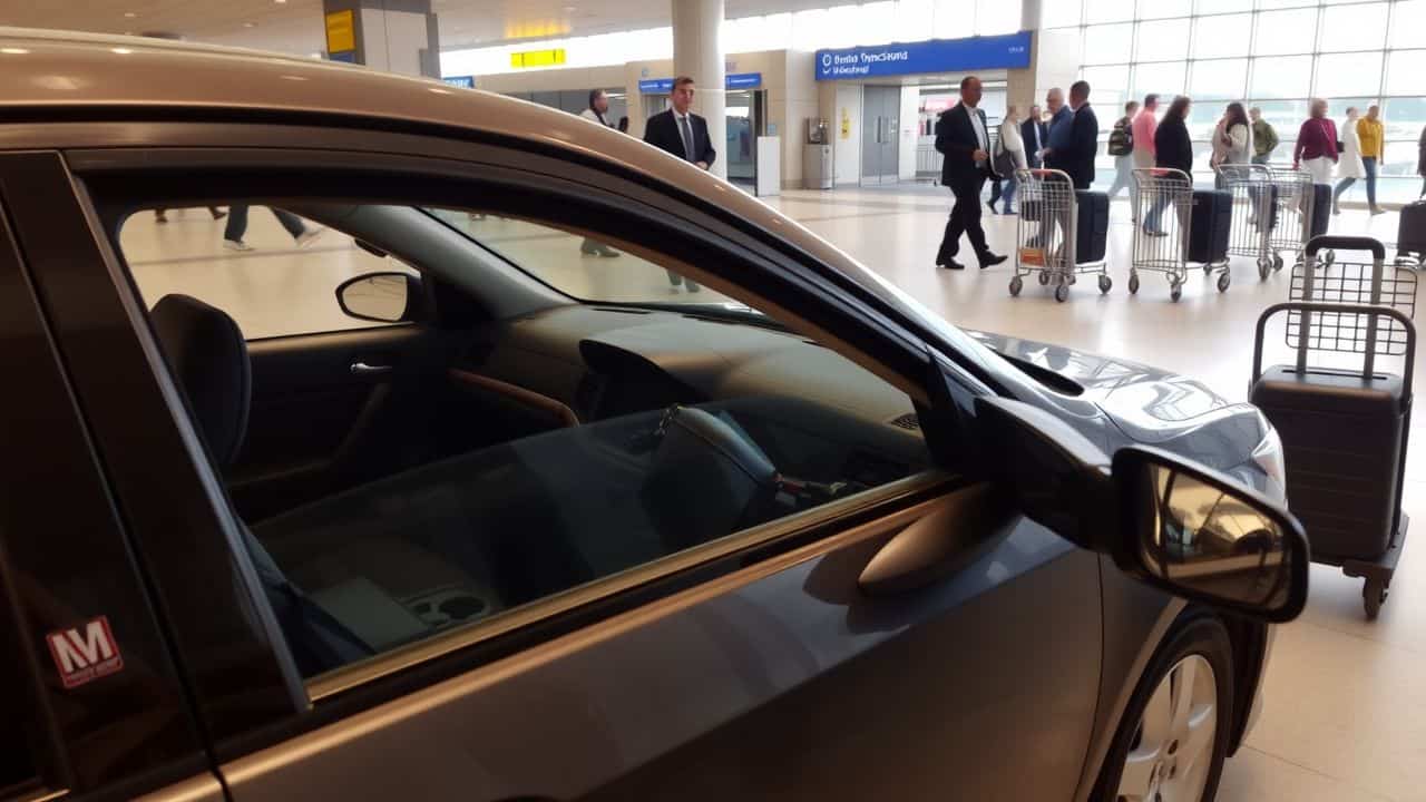 A parked car with keys on the seat near a busy airport terminal.