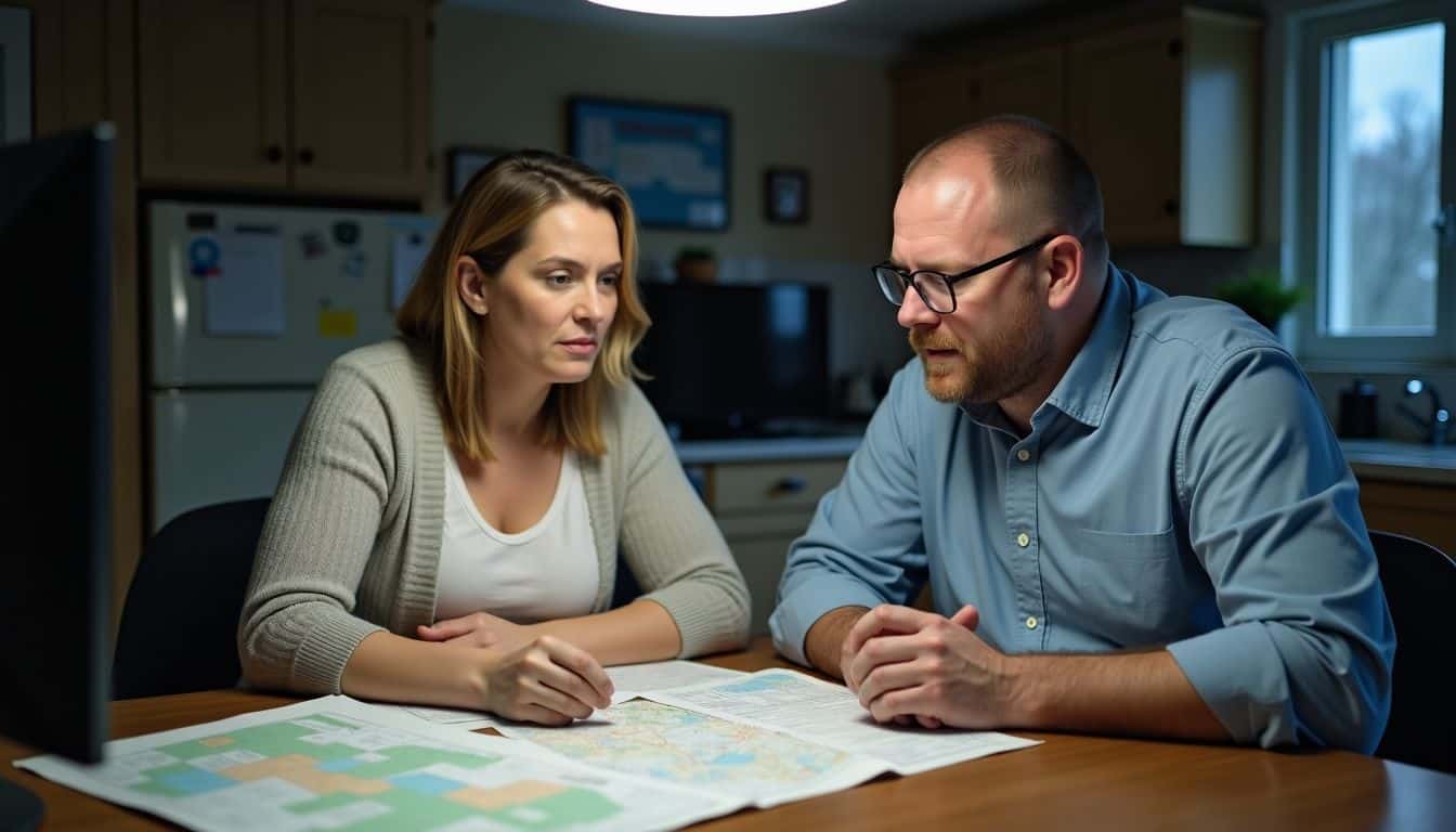 A couple discussing car shipping costs at a cluttered kitchen table.