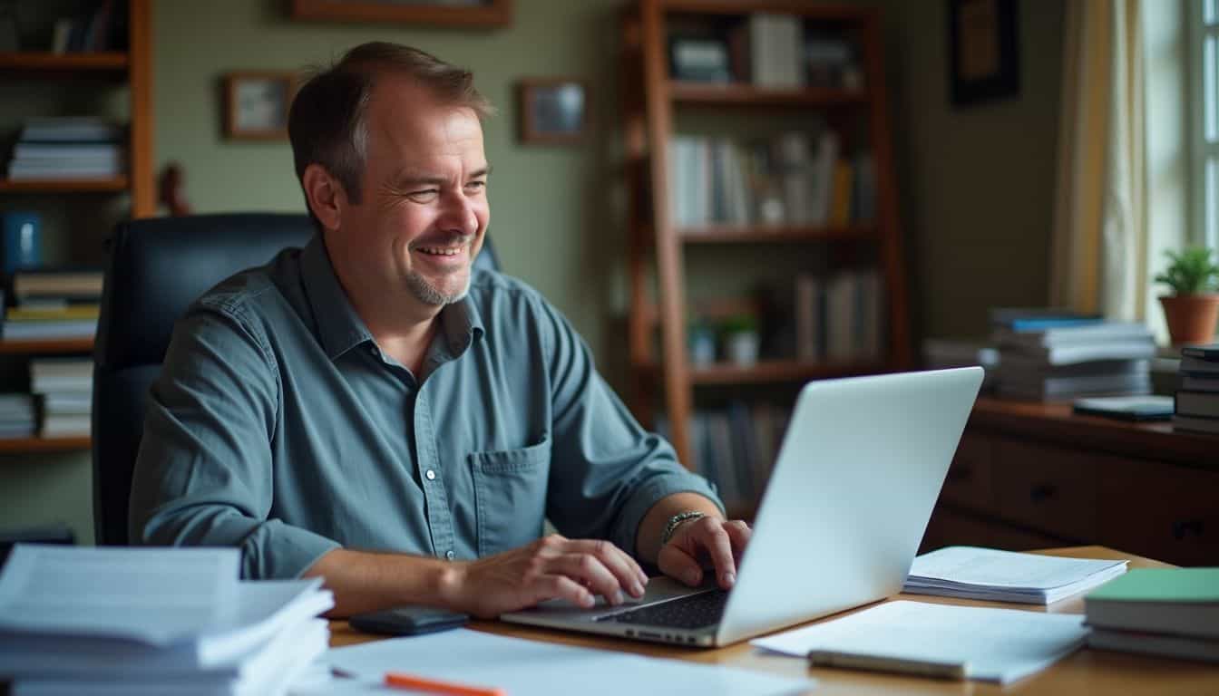 A man at cluttered desk researching car shipping companies on laptop.