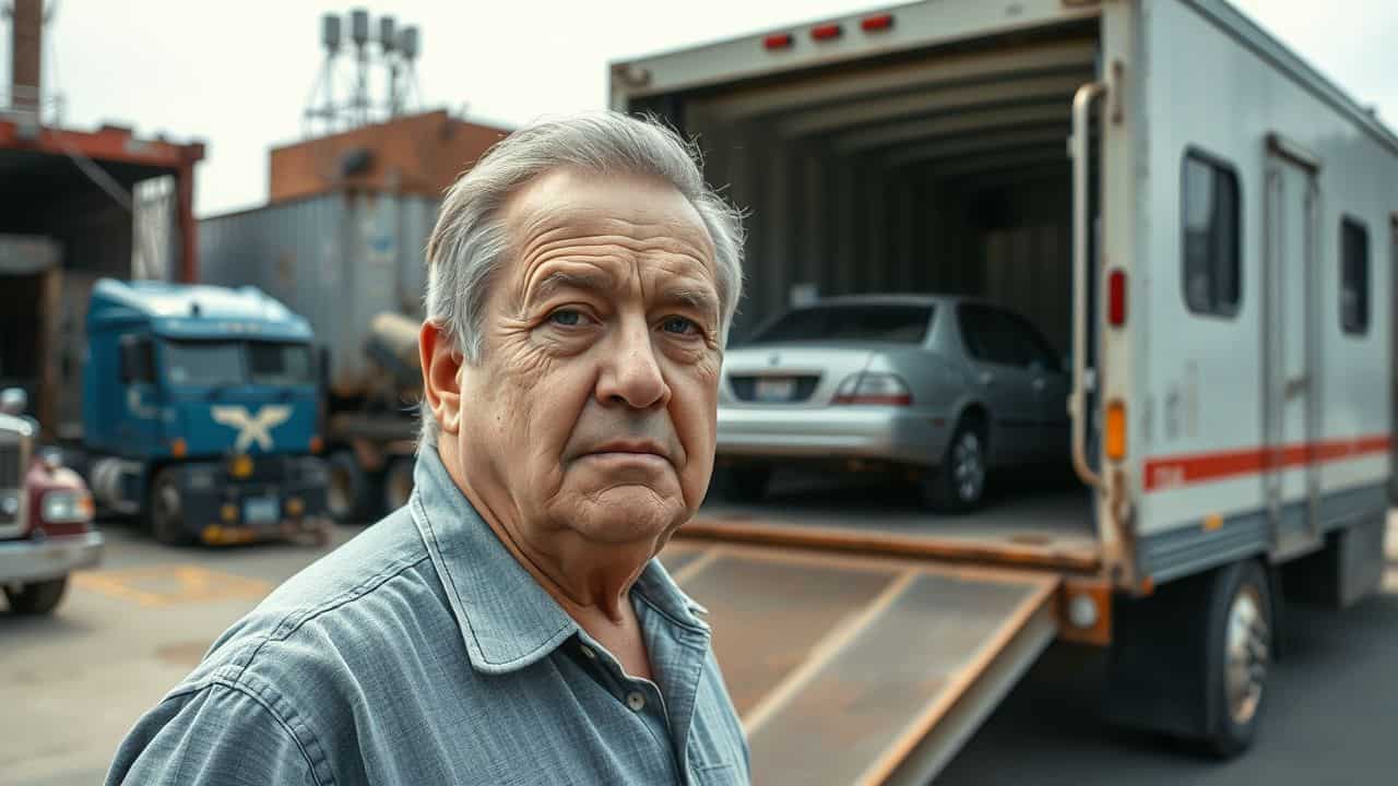 An older man watches his sedan being loaded onto an auto transport truck.