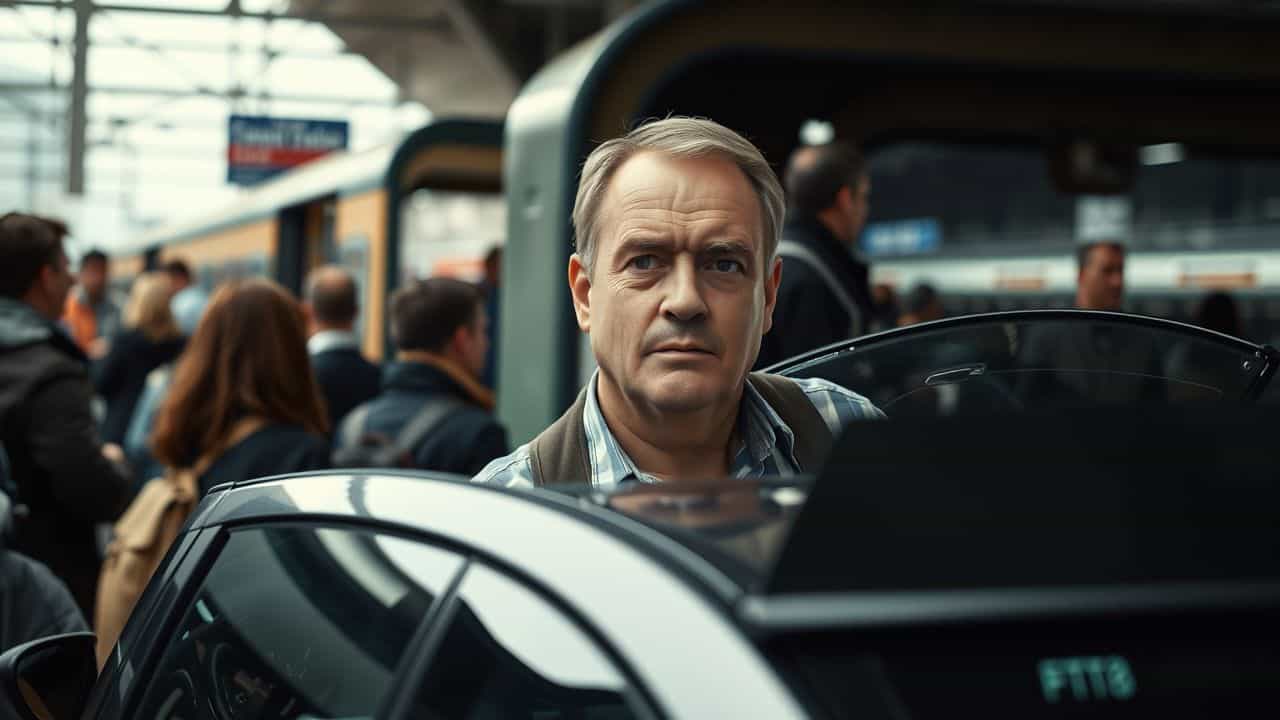 A middle-aged man loading his car onto a train at a busy station.