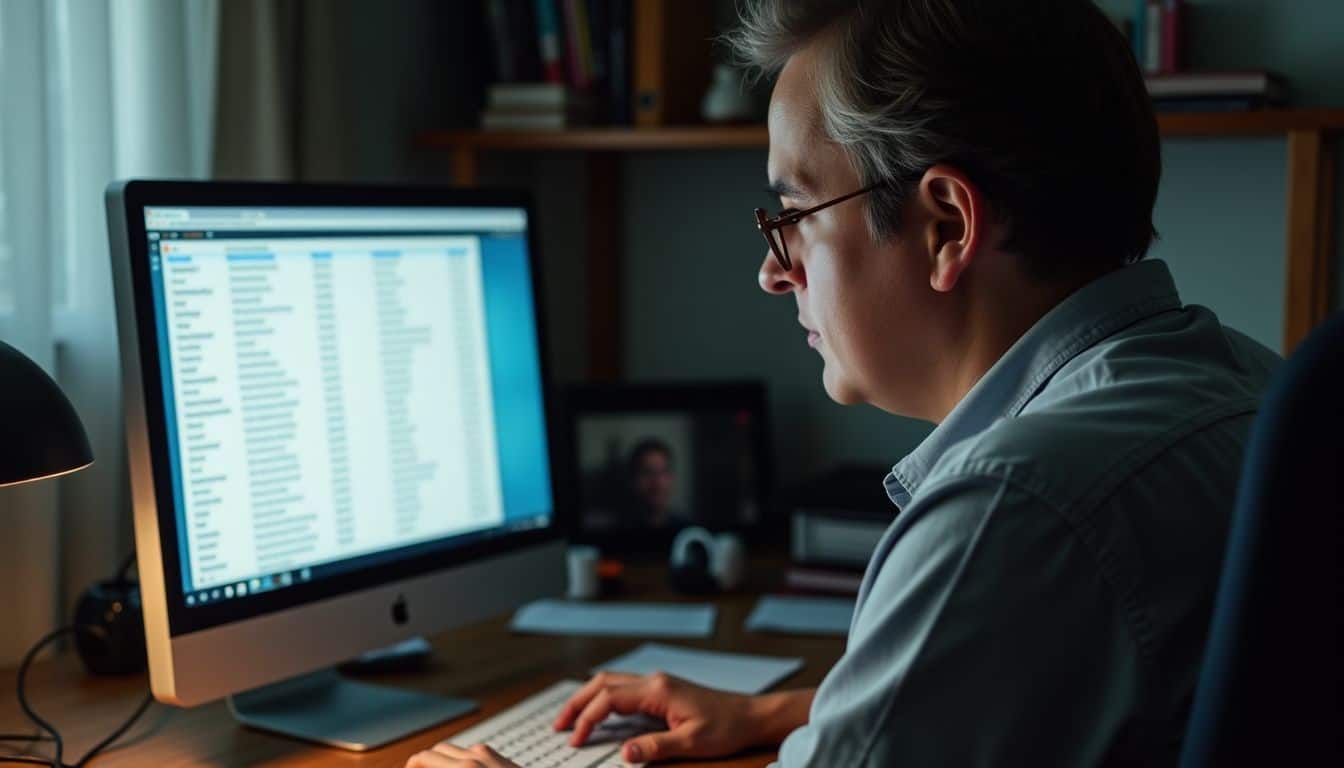 A person in a cluttered home office looking at auto transport companies.