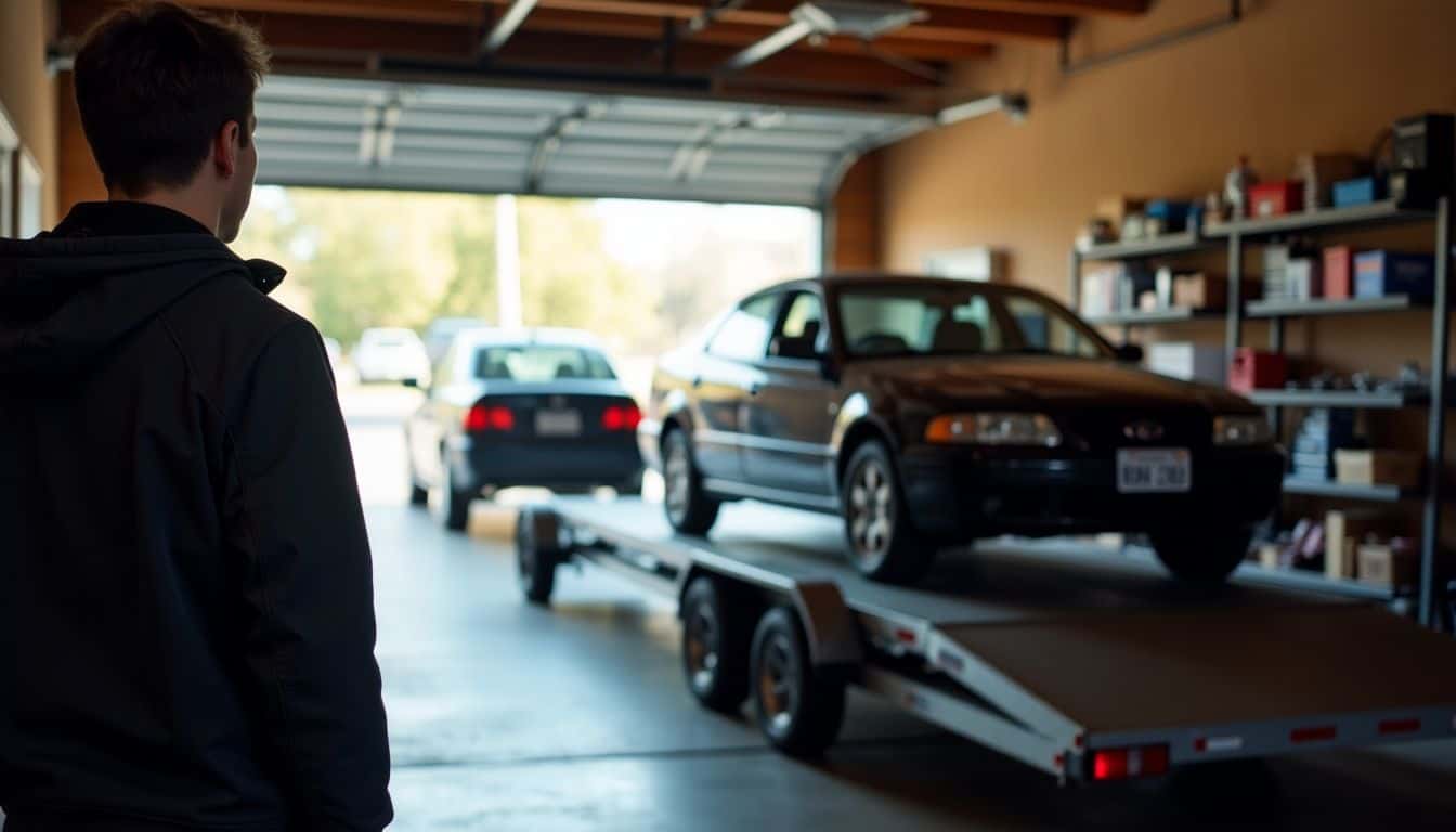 A DIY car shipping setup with rented dolly and trailer in California.