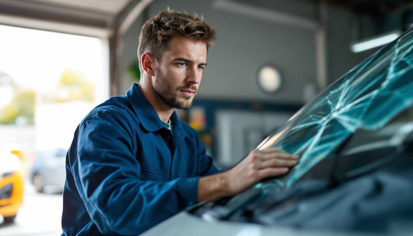 A male mechanic inspecting a cracked windshield in a garage.