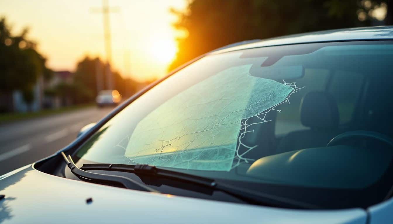 A parked car with a cracked windshield in the sunlight.