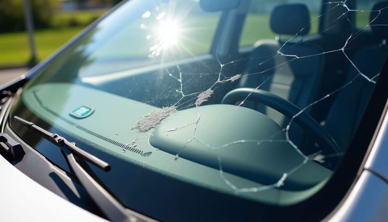 A close-up of a cracked windshield on a parked car.