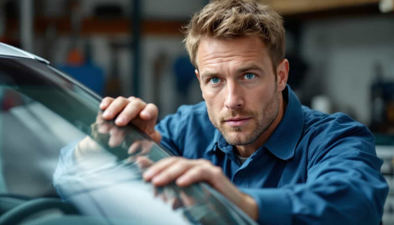 A mechanic inspecting a long crack on a windshield in a repair shop.