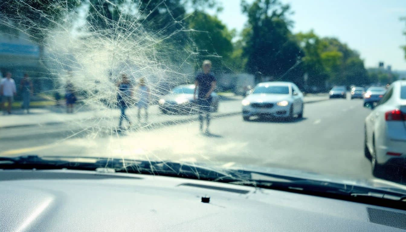 A cracked windshield with glare on a busy street.