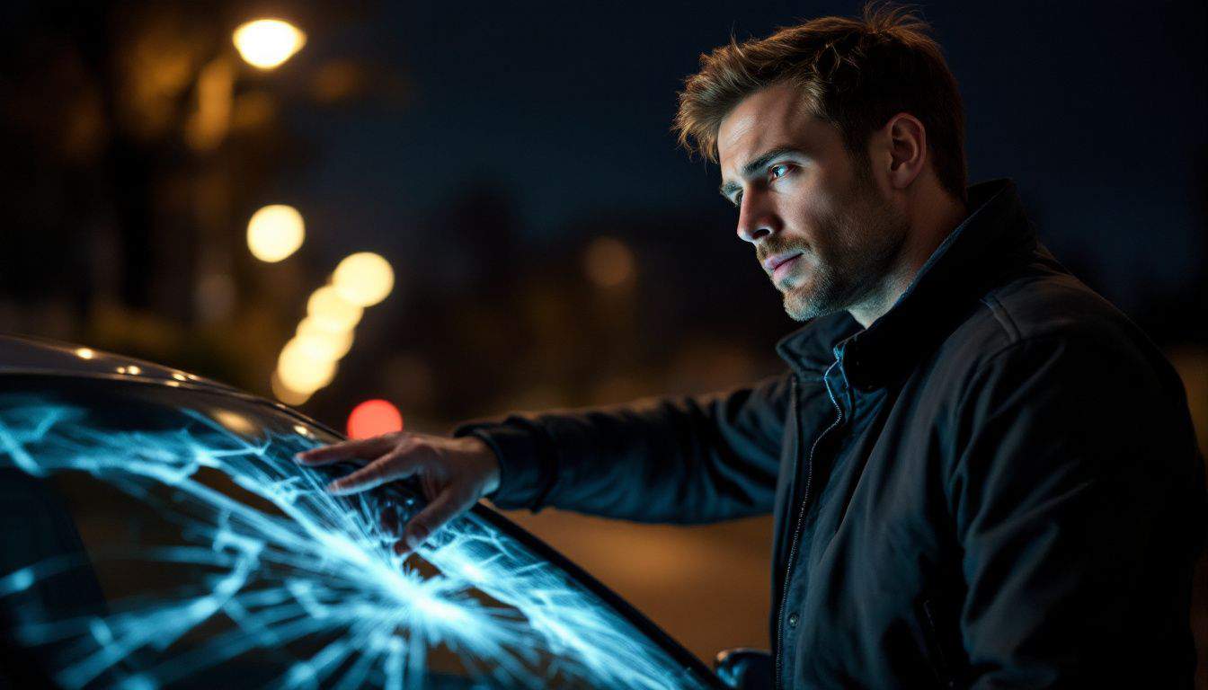 A man examines a cracked windshield on a parked car at night.