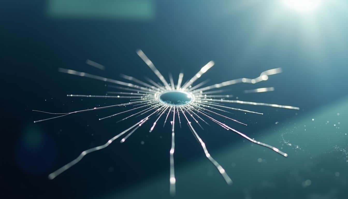 Close-up of a bullseye chip and cracks on a car windshield.