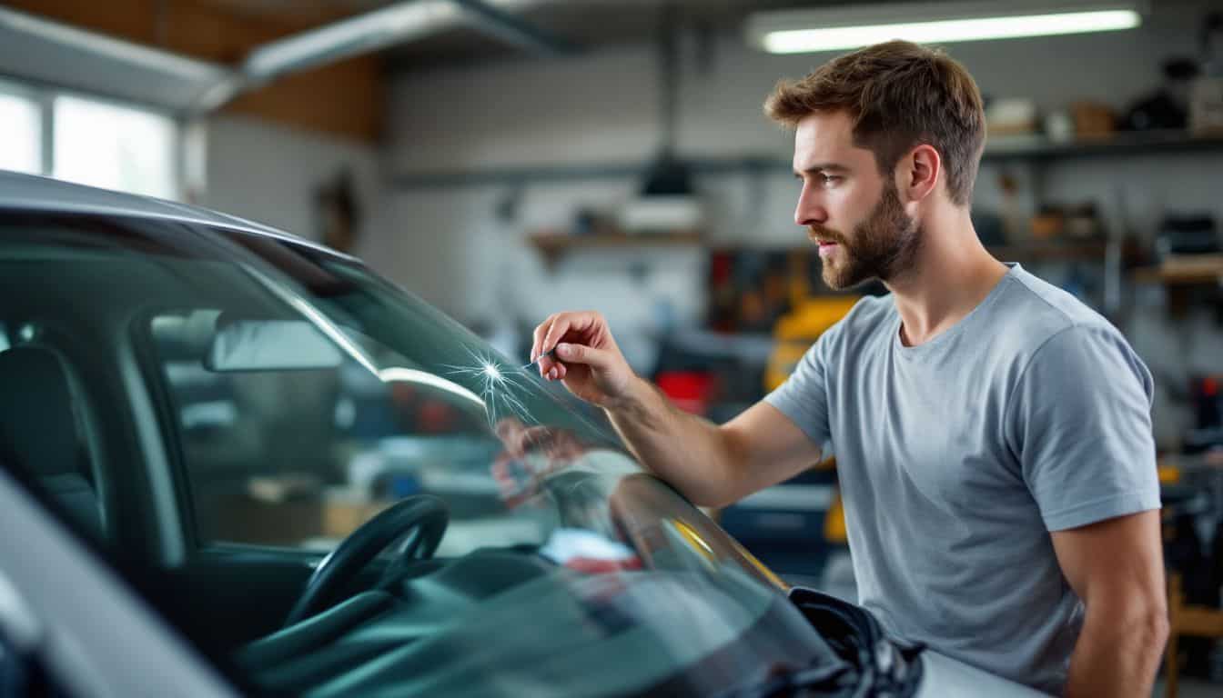 A man examines a star-shaped crack on his car windshield.