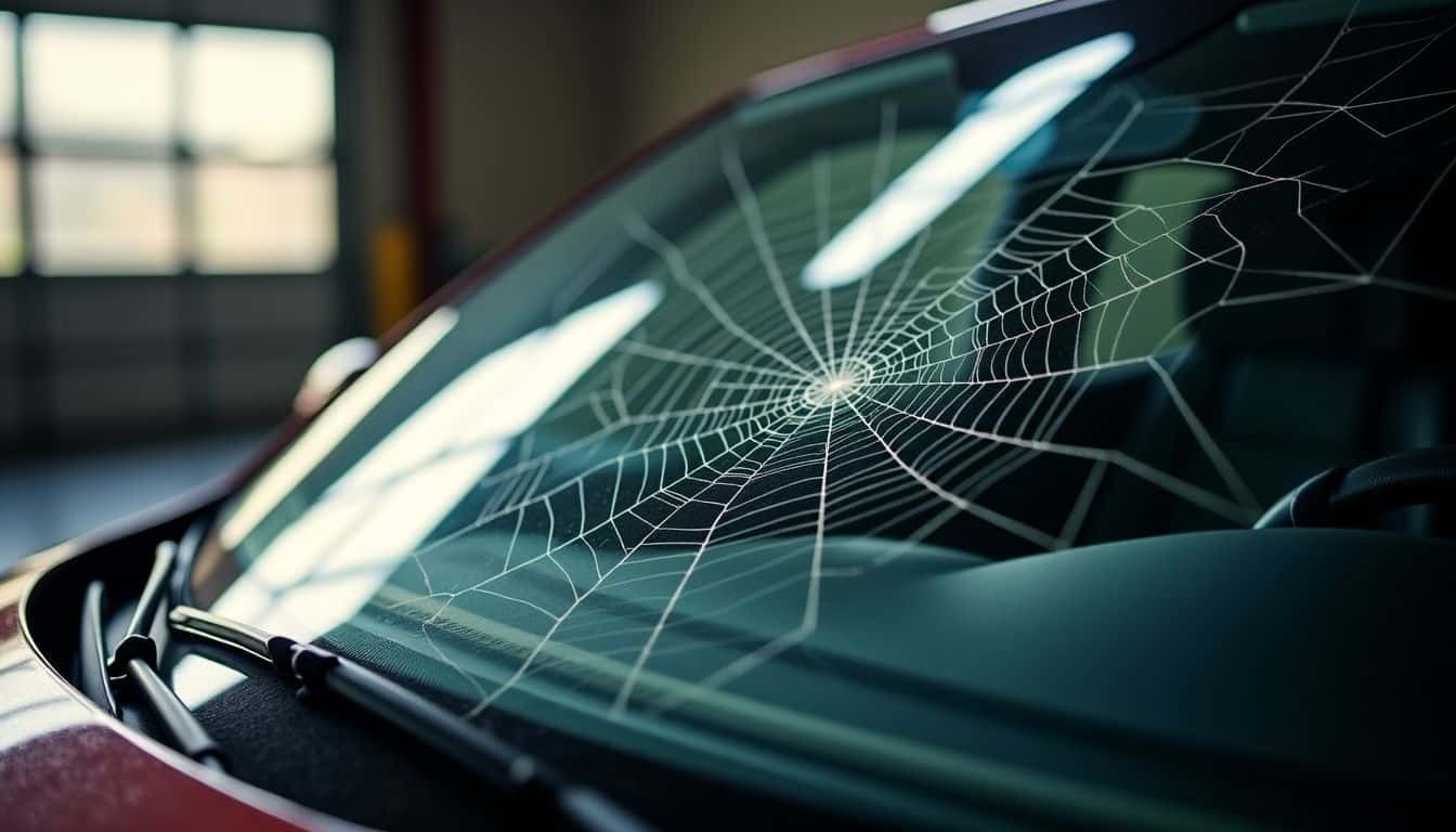 A close-up photo of a cracked windshield in a parked car.