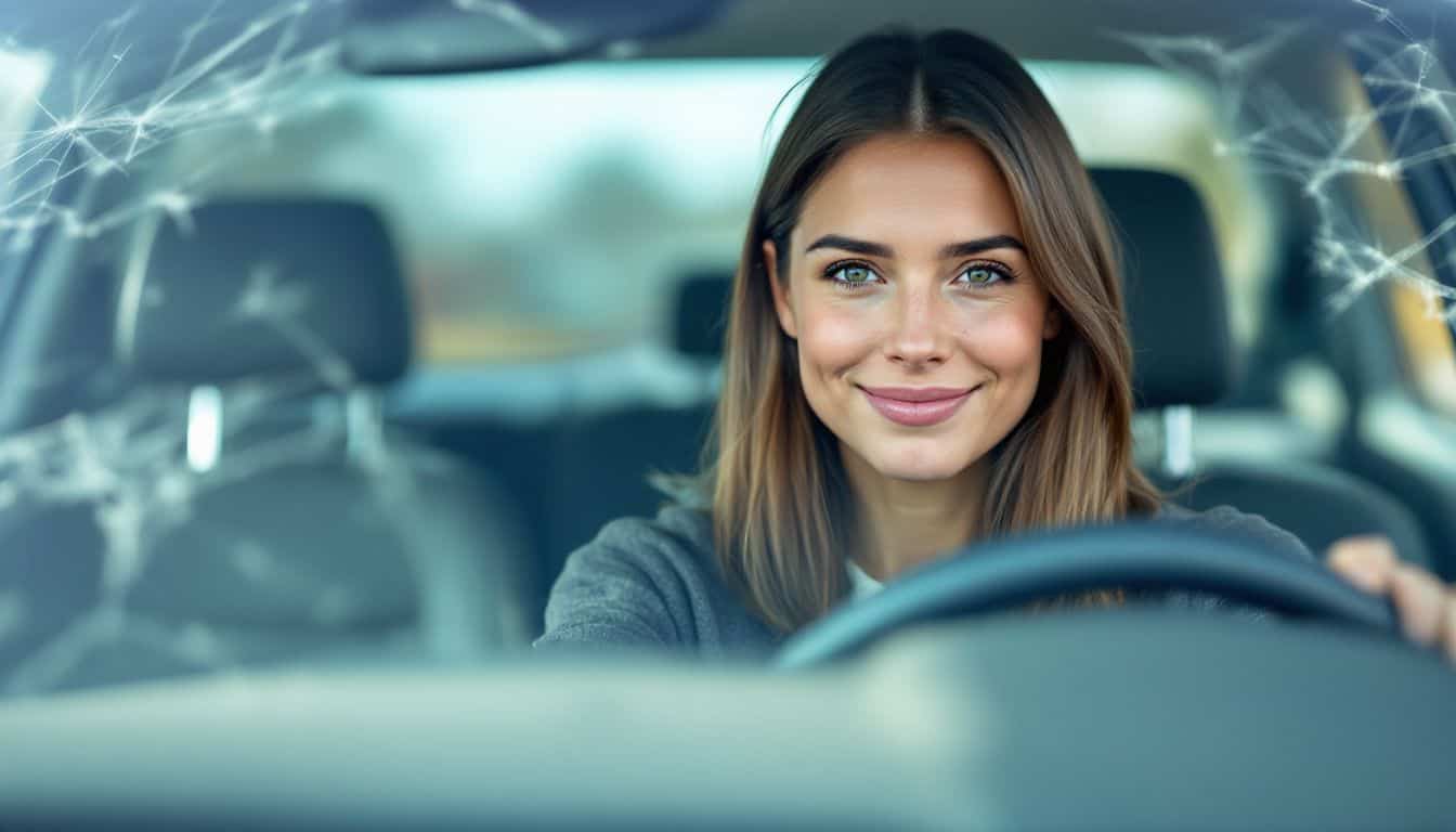 A woman drives on a bumpy road with a cracked windshield.