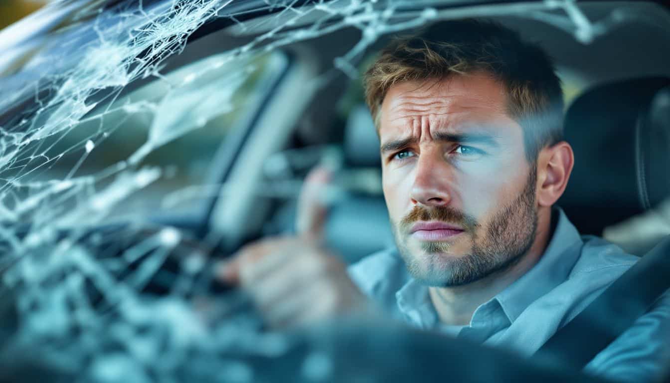 A man in his 30s sits in his car with a worried expression, with a cracked windshield.