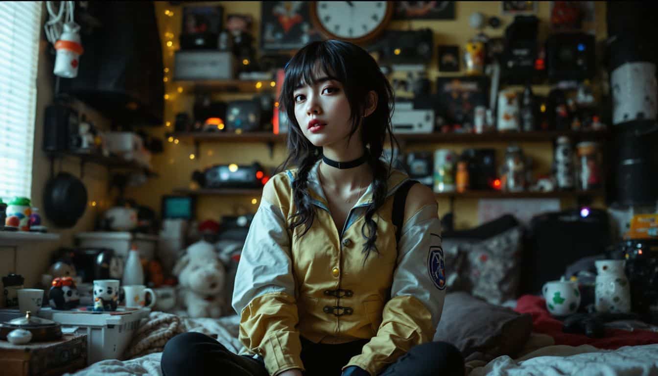 Oichi, dressed in a cosplay outfit, surrounded by gaming memorabilia in her bedroom.