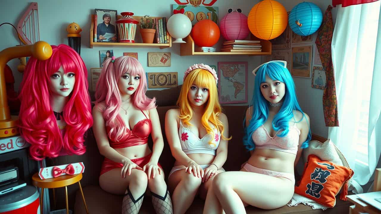 A vibrant cosplay-themed setup with colorful wigs and lingerie.