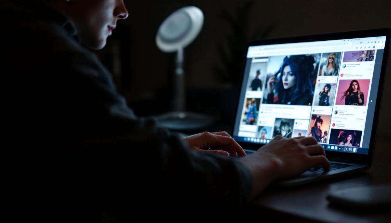 A young adult browsing cosplay OnlyFans pages on their laptop.