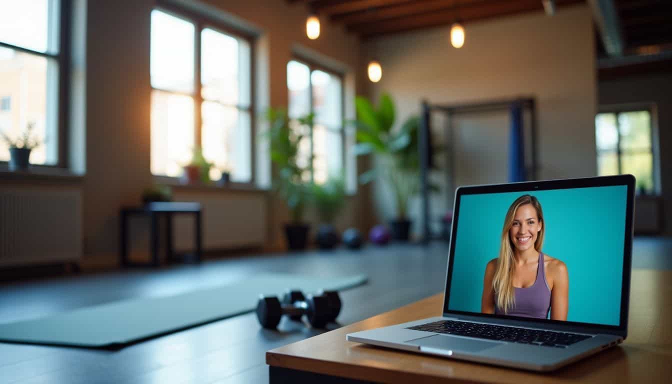 A live fitness class with virtual instructor at gym studio.