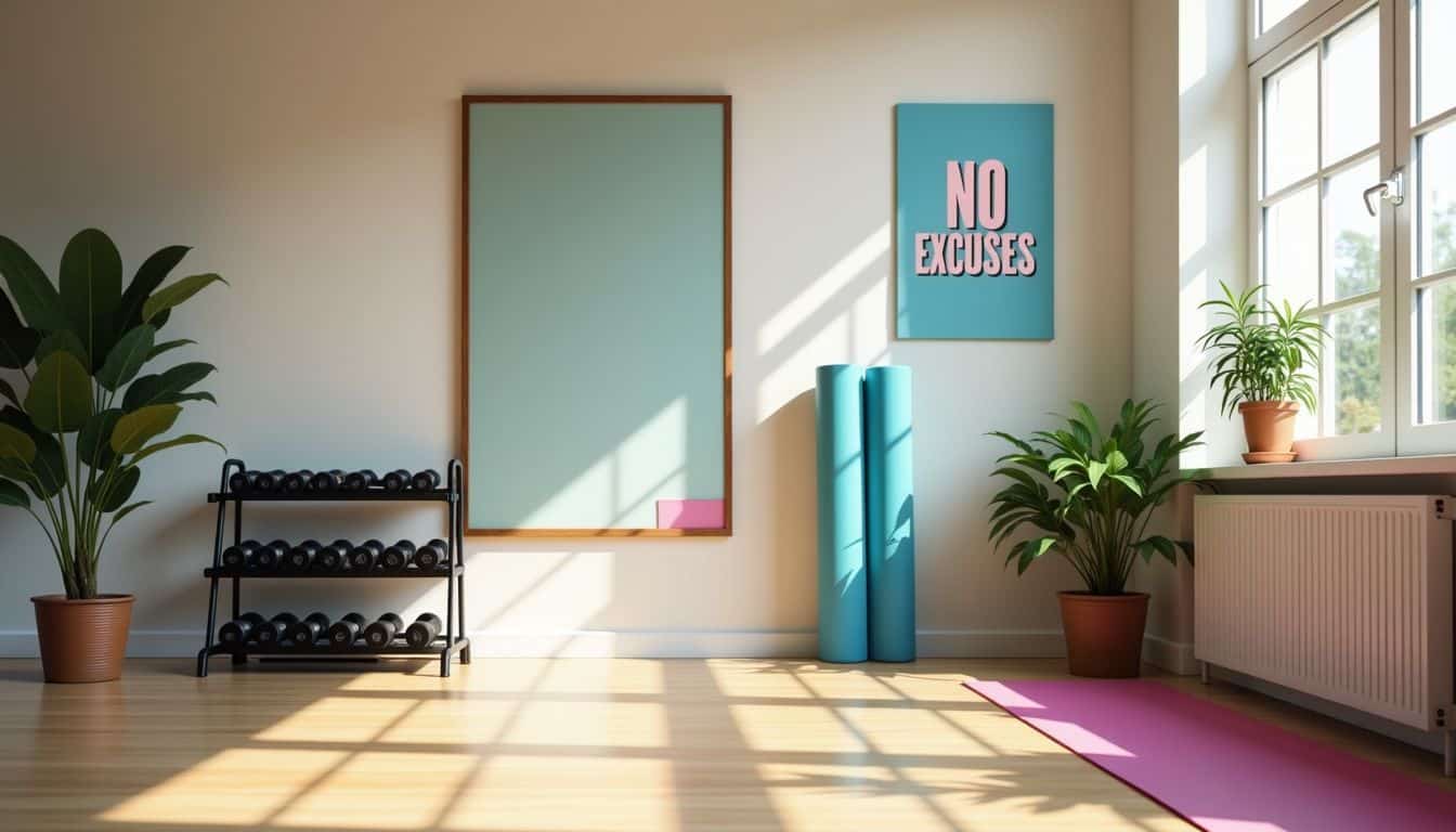A casual home gym with exercise equipment and motivational poster.