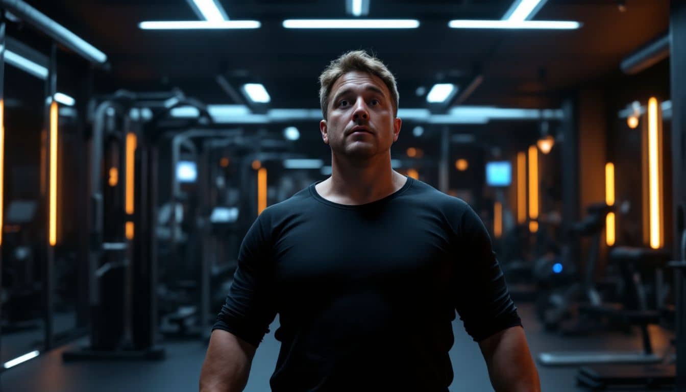 An average-looking fitness instructor leading a virtual workout at a modern gym.