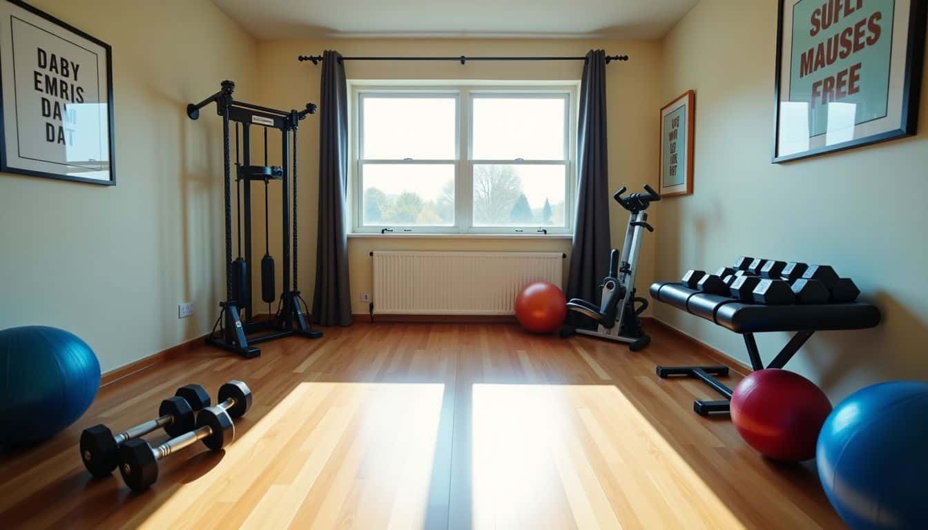 A bright, well-equipped home gym with motivational quotes on the walls.