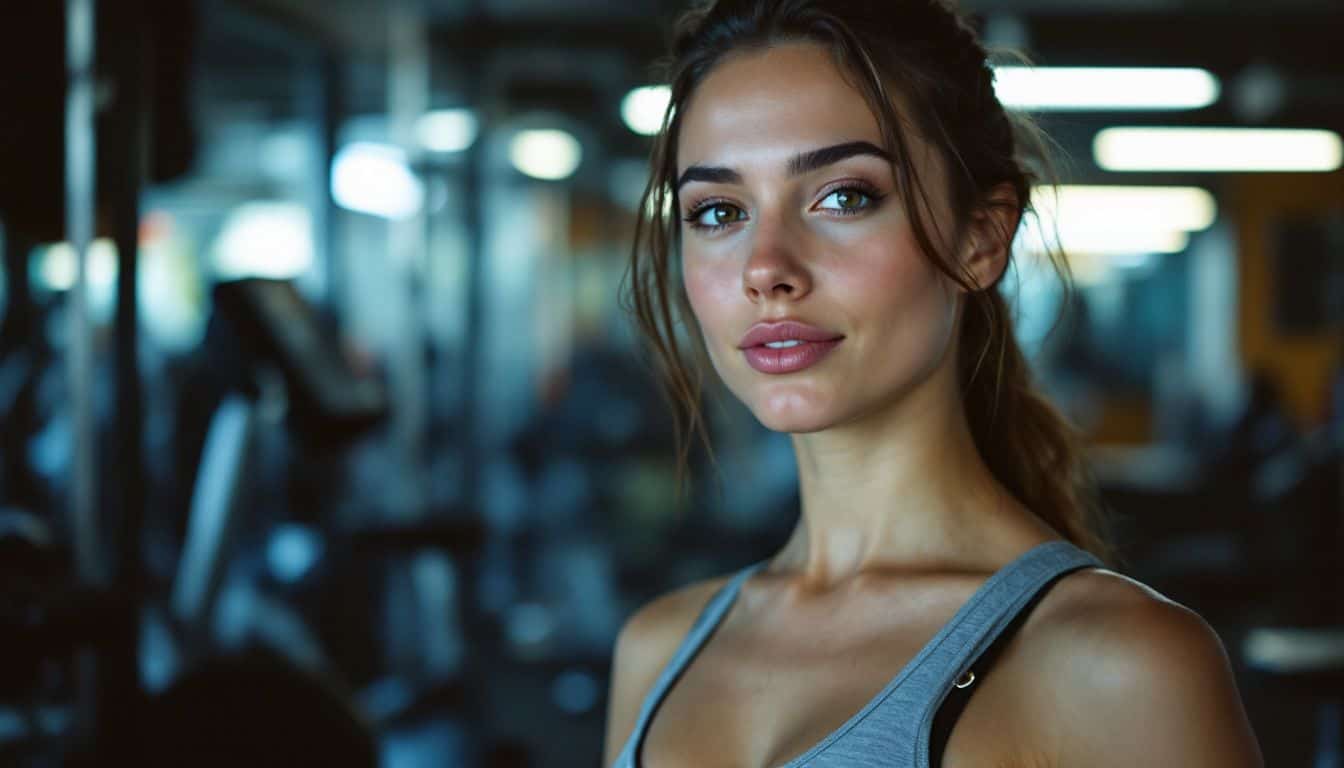A mid-20s woman in a gym promoting fitness content with a posed expression.